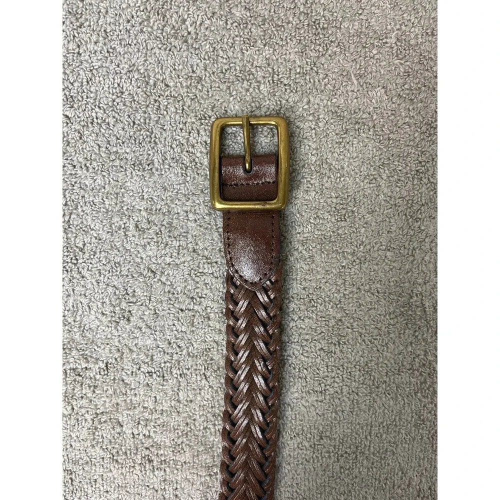 Mens Brown Braided Split Leather Belt Brass Buckle Size 42 Woven Classic Casual